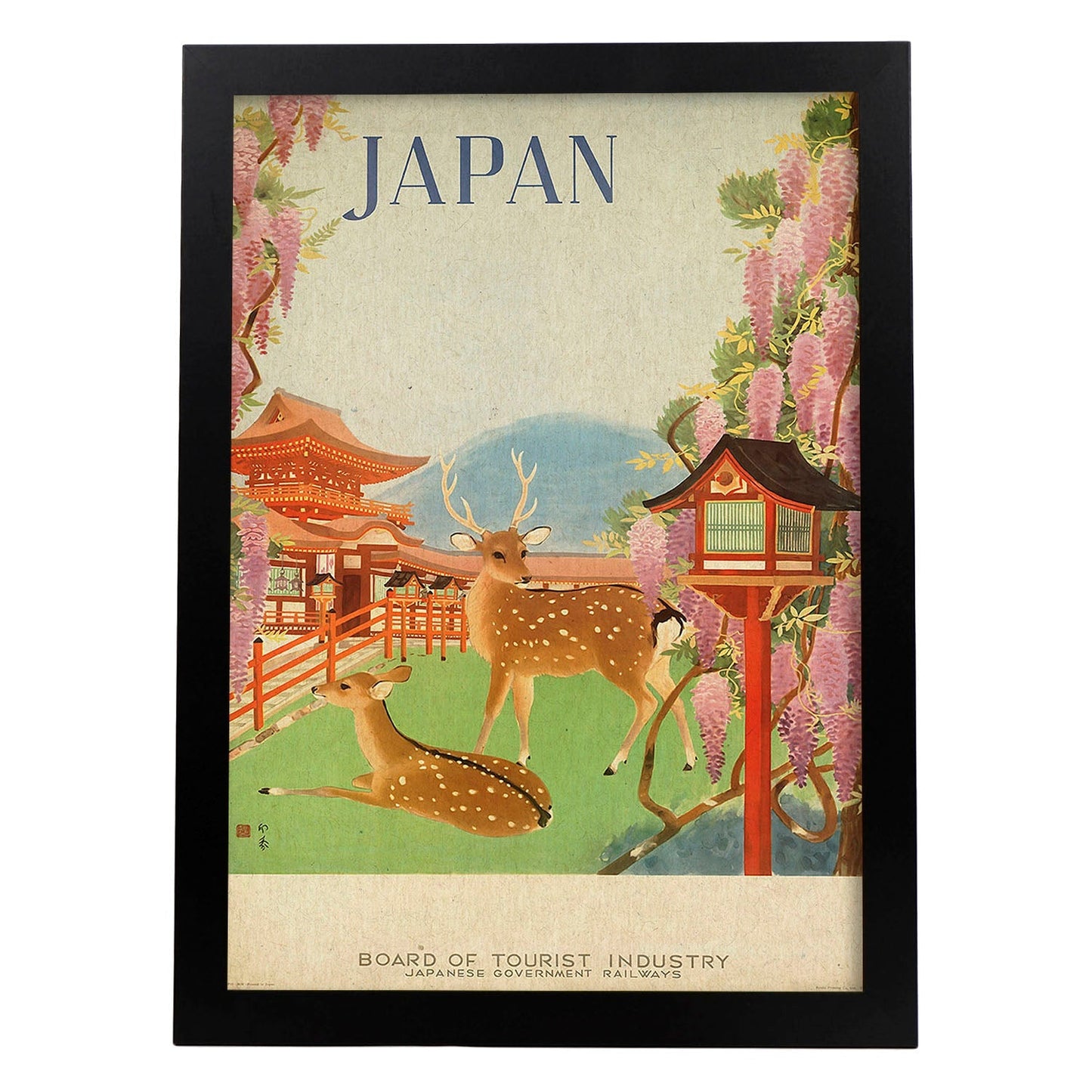 Poster vintage. Cartel vintage de Asia. Ciervos de Japón.-Artwork-Nacnic-A3-Marco Negro-Nacnic Estudio SL