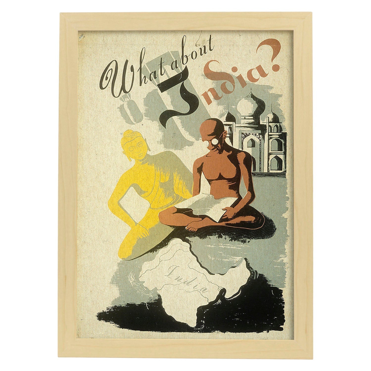 Poster vintage. Cartel vintage de Asia. Ghandi en India.-Artwork-Nacnic-A3-Marco Madera clara-Nacnic Estudio SL