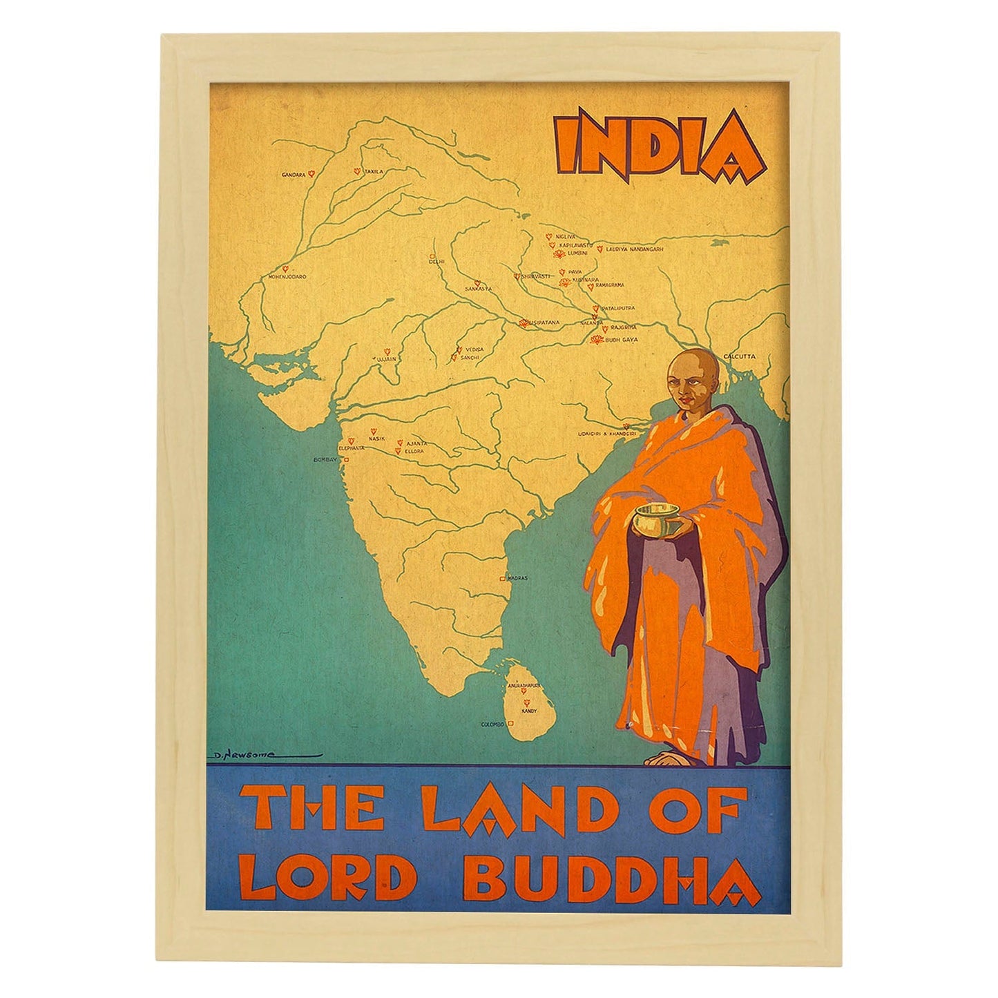 Poster vintage. Cartel vintage de Asia. India, la tierra de Buda.-Artwork-Nacnic-A3-Marco Madera clara-Nacnic Estudio SL