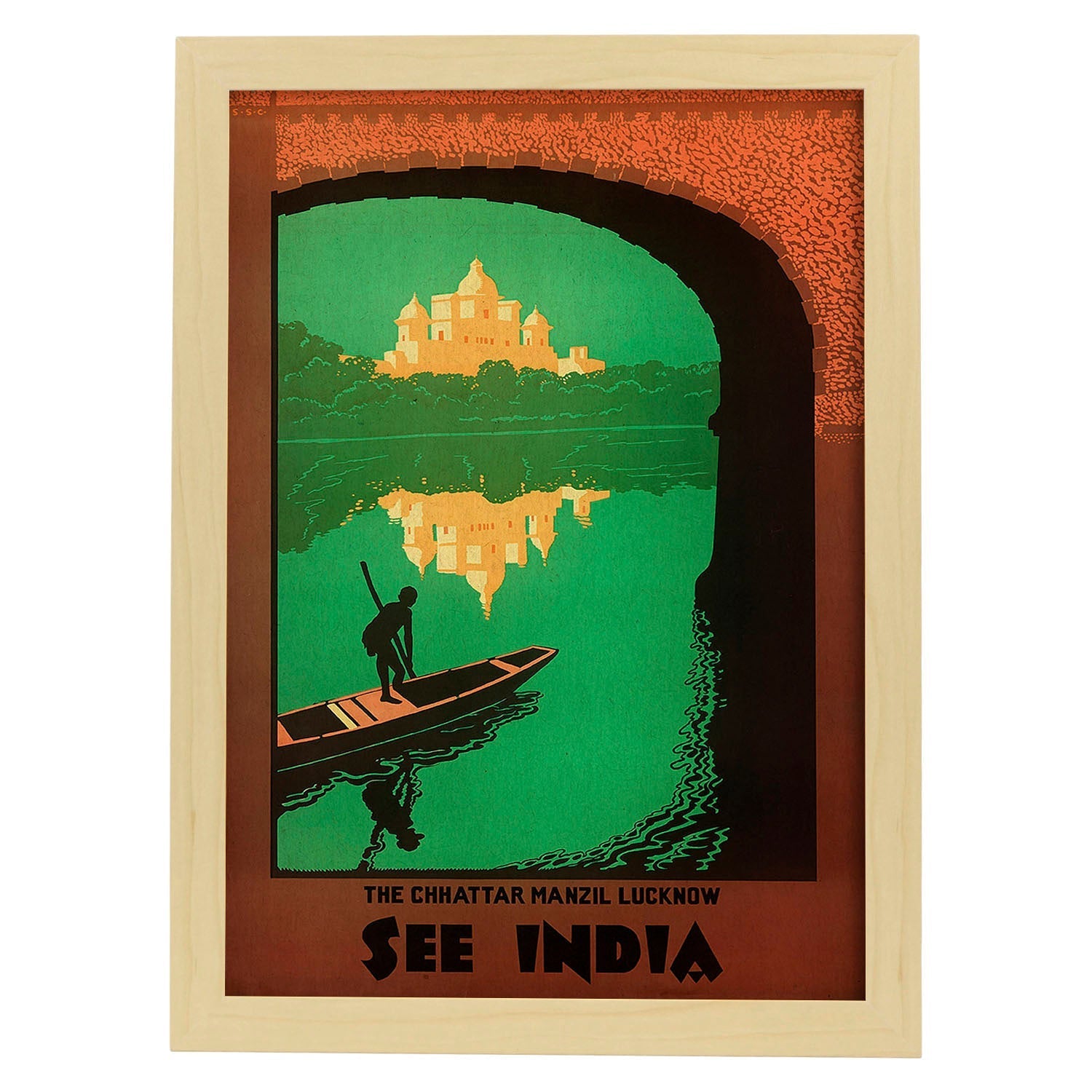 Poster vintage. Cartel vintage de Asia. Rio Ganges, India.-Artwork-Nacnic-A3-Marco Madera clara-Nacnic Estudio SL