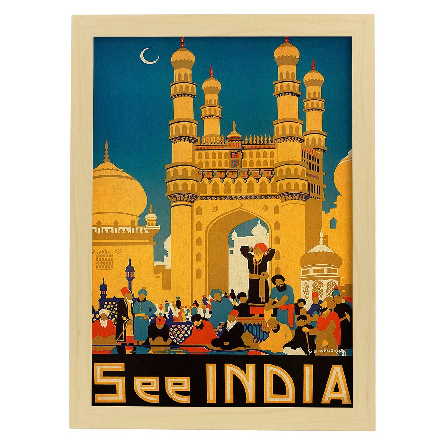 Poster vintage. Cartel vintage de Asia. Templo de India.-Artwork-Nacnic-A3-Marco Madera clara-Nacnic Estudio SL
