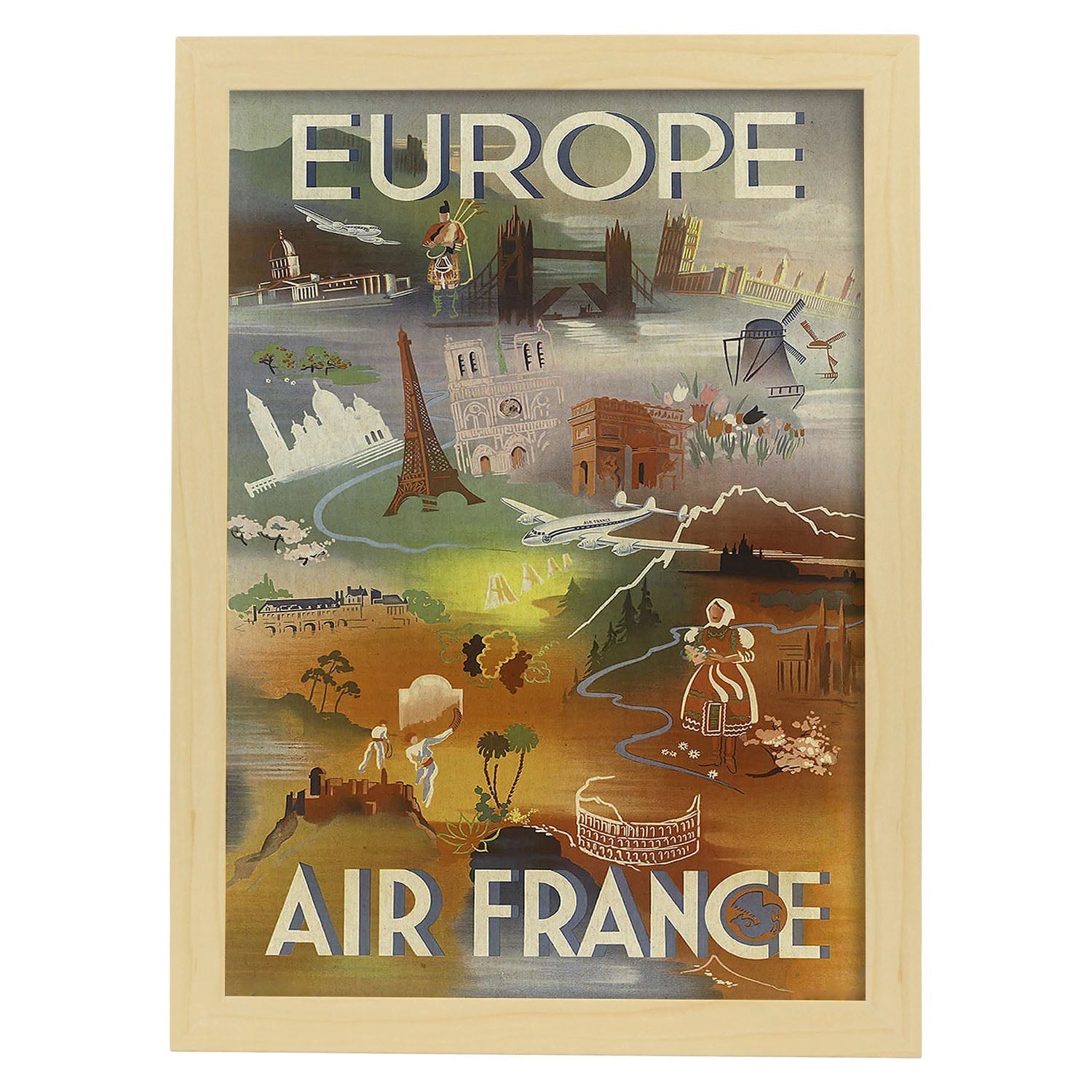 Poster vintage. Cartel vintage de Europa. Air France.-Artwork-Nacnic-A3-Marco Madera clara-Nacnic Estudio SL