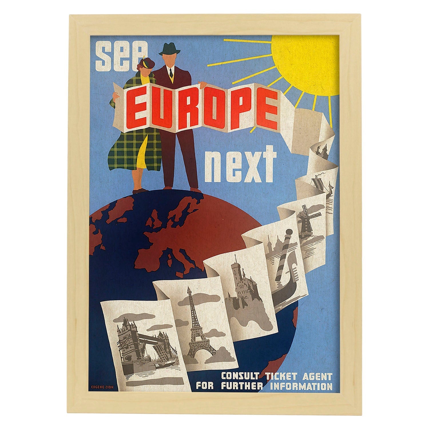 Poster vintage. Cartel vintage de Europa. Visita Europa.-Artwork-Nacnic-A3-Marco Madera clara-Nacnic Estudio SL