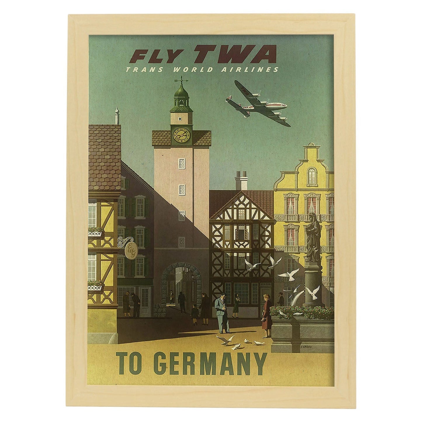 Poster vintage. Cartel vintage de Europa. Vuelos a Alemania.-Artwork-Nacnic-A4-Marco Madera clara-Nacnic Estudio SL