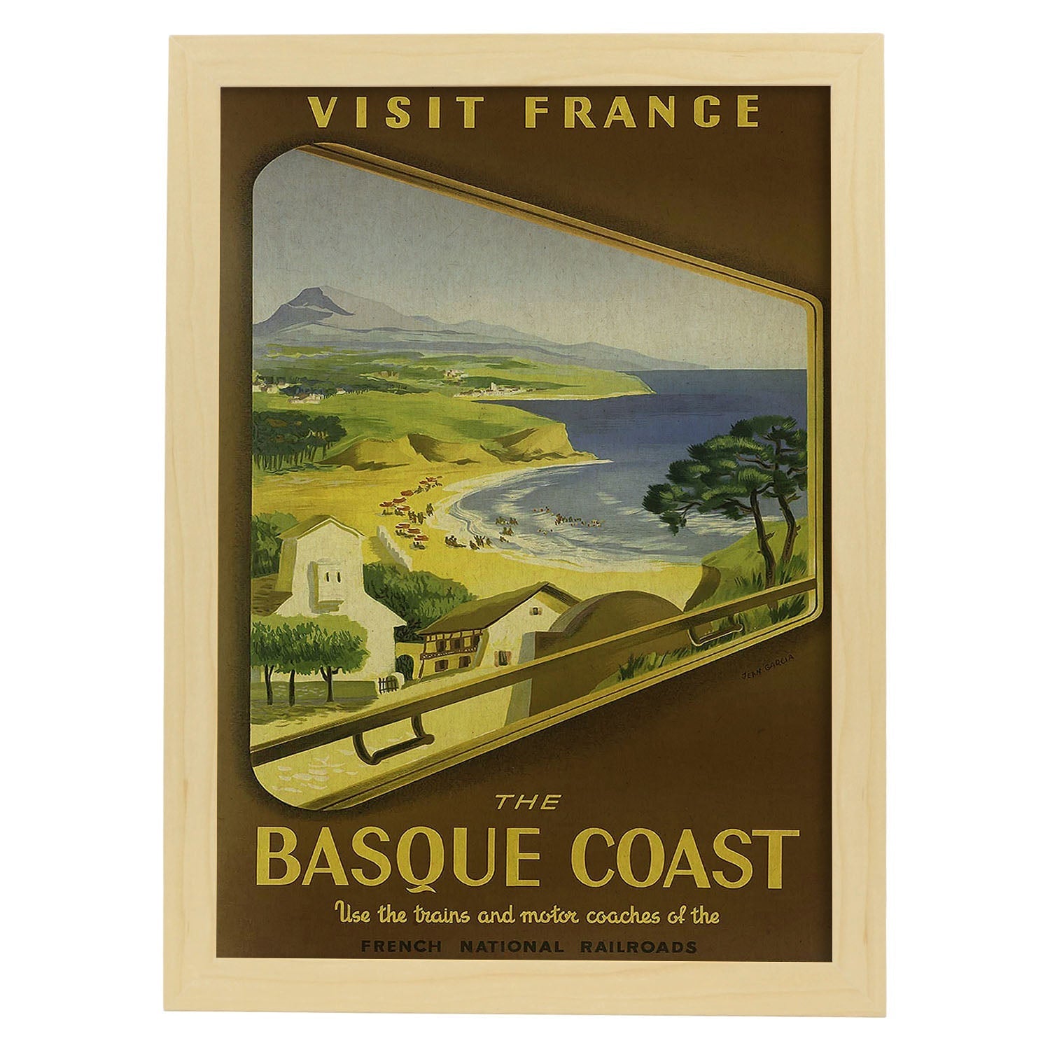 Poster vintage. Cartel vintage de Francia e Italia. Conoce la costa vasca.-Artwork-Nacnic-A3-Marco Madera clara-Nacnic Estudio SL
