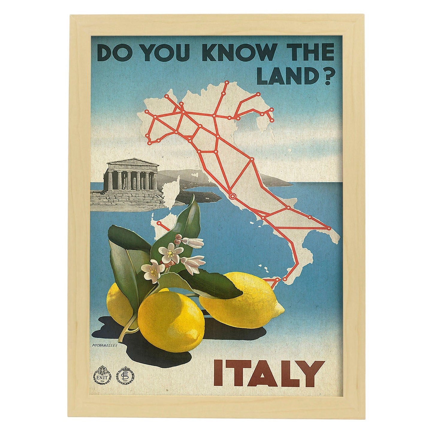 Poster vintage. Cartel vintage de Francia e Italia. ¿Conoces Italia?.-Artwork-Nacnic-A3-Marco Madera clara-Nacnic Estudio SL