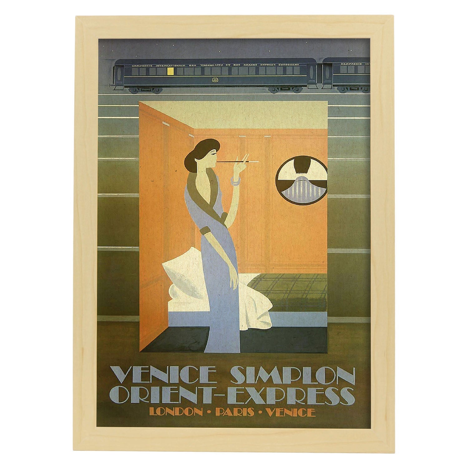 Poster vintage. Cartel vintage de Francia e Italia. Mujer vintage en tren.-Artwork-Nacnic-A3-Marco Madera clara-Nacnic Estudio SL