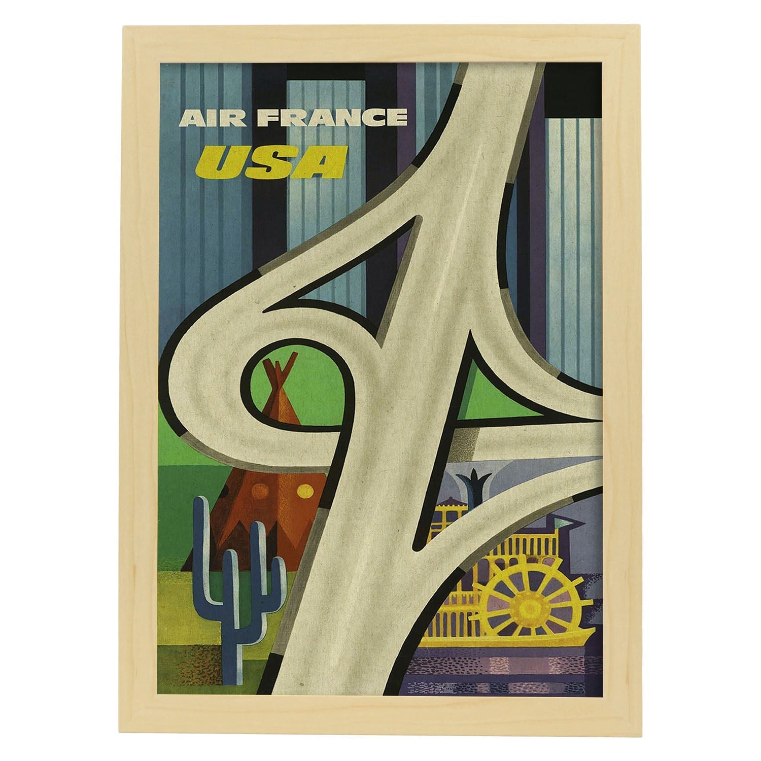 Poster vintage. Cartel vintage de Francia e Italia. Viaja a USA.-Artwork-Nacnic-A3-Marco Madera clara-Nacnic Estudio SL