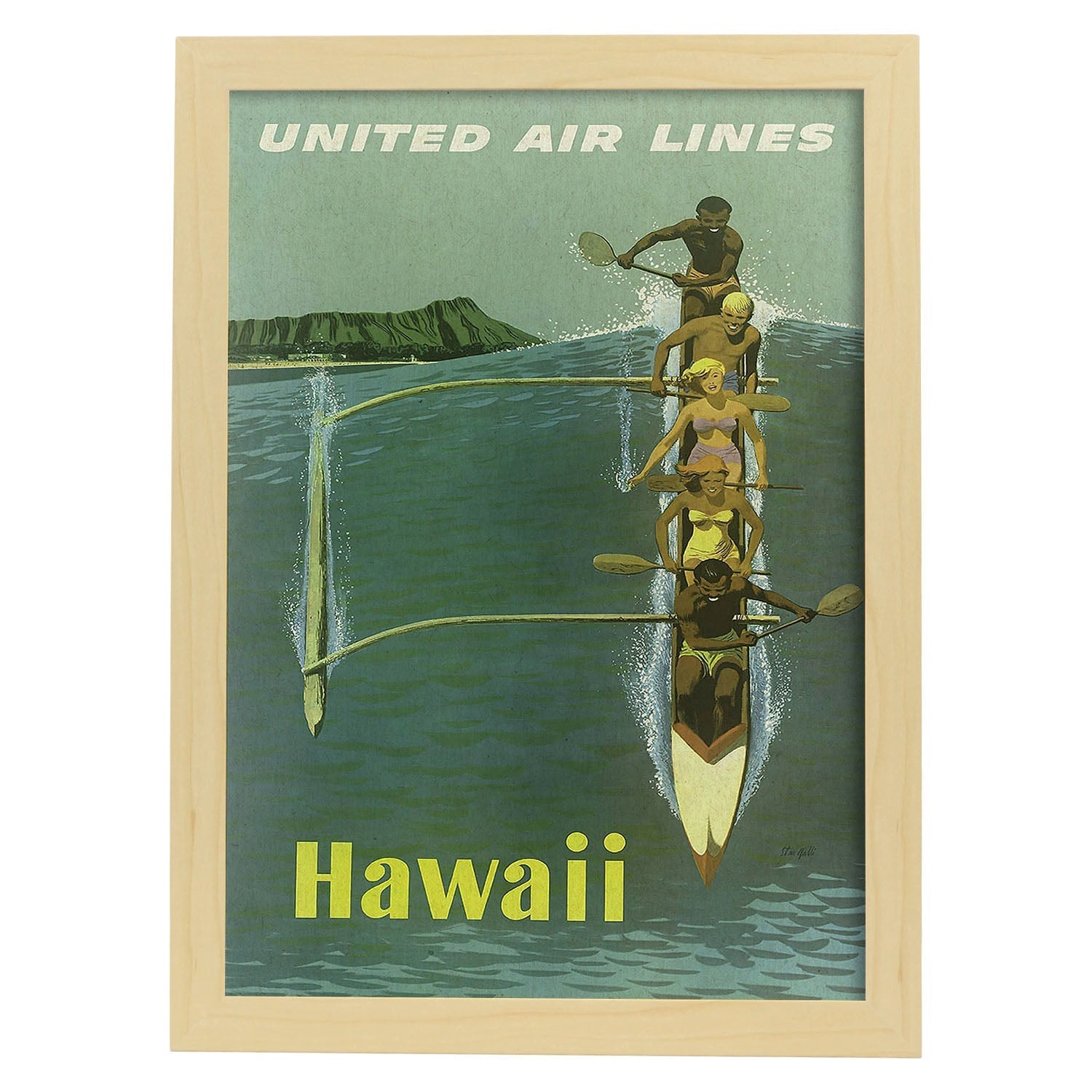 Poster vintage. Cartel vintage de Kayak en Hawaii.-Artwork-Nacnic-A3-Marco Madera clara-Nacnic Estudio SL