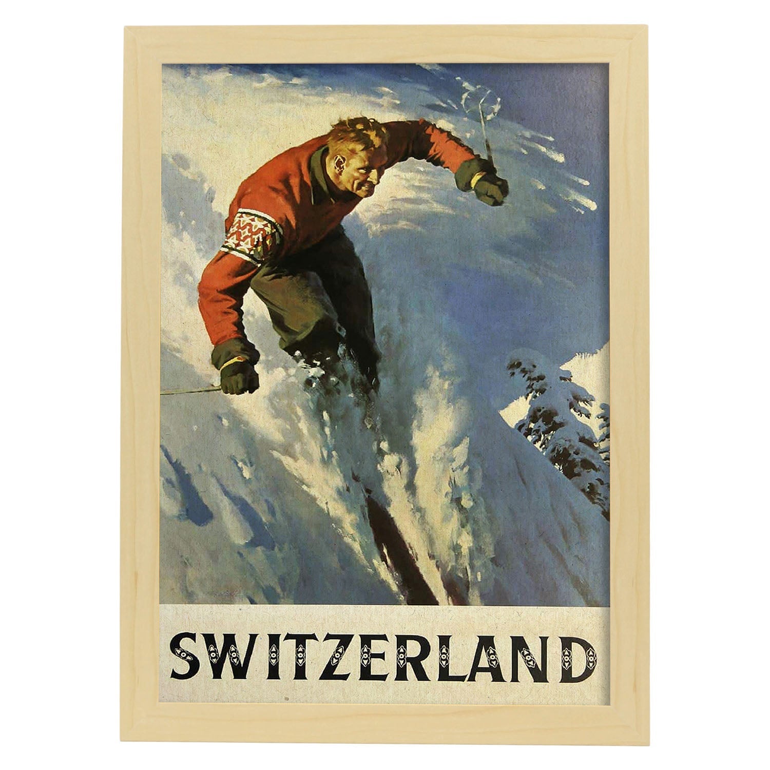 Poster vintage. Cartel vintage de montañas europeas. Esquí en Suiza.-Artwork-Nacnic-A3-Marco Madera clara-Nacnic Estudio SL