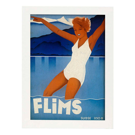 Poster vintage. Cartel vintage de montañas europeas. Lago Suizo.-Artwork-Nacnic-A4-Marco Blanco-Nacnic Estudio SL