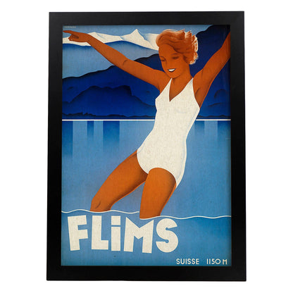 Poster vintage. Cartel vintage de montañas europeas. Lago Suizo.-Artwork-Nacnic-A4-Marco Negro-Nacnic Estudio SL