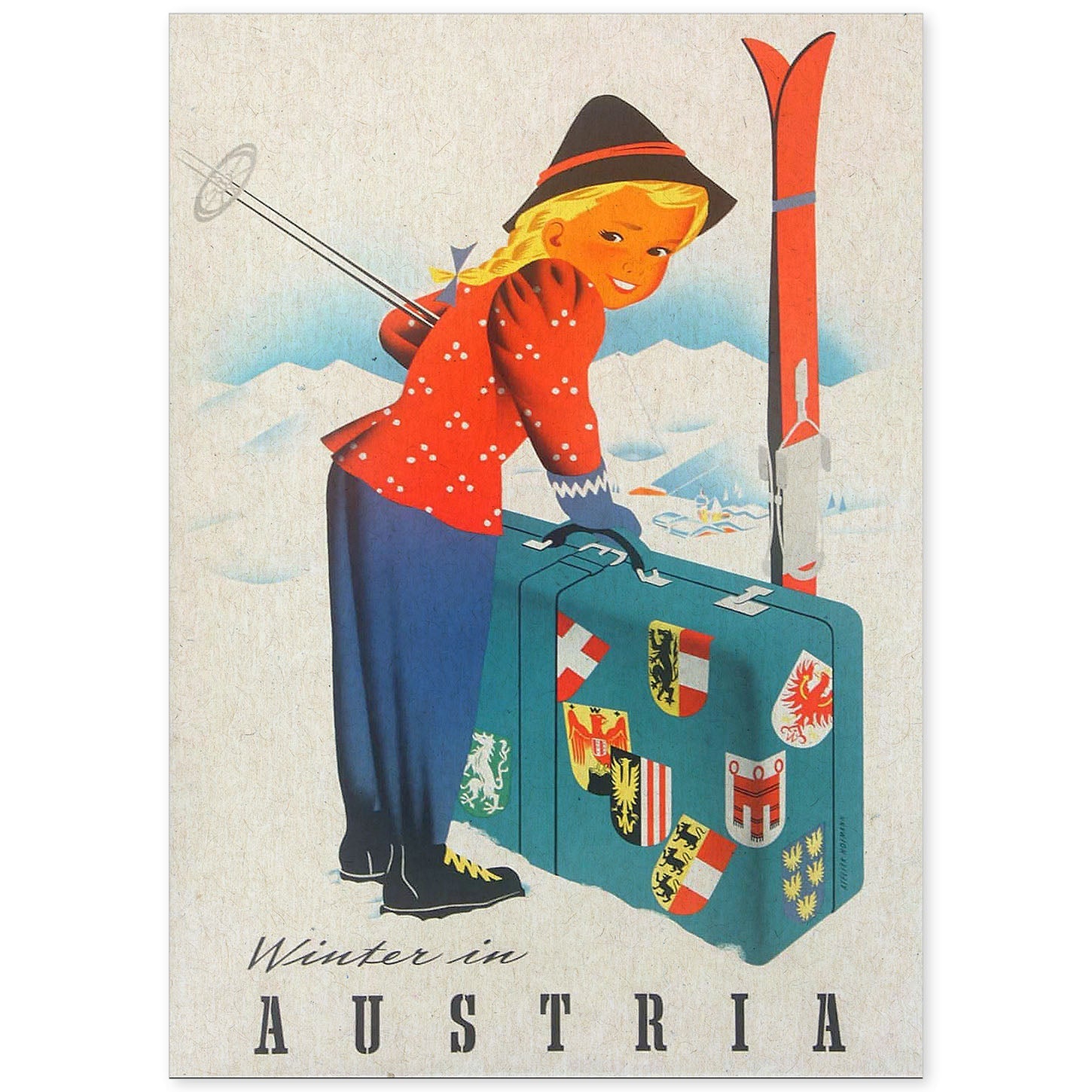 Poster vintage. Cartel vintage de montañas europeas. Niña en Austria.-Artwork-Nacnic-A4-Sin marco-Nacnic Estudio SL