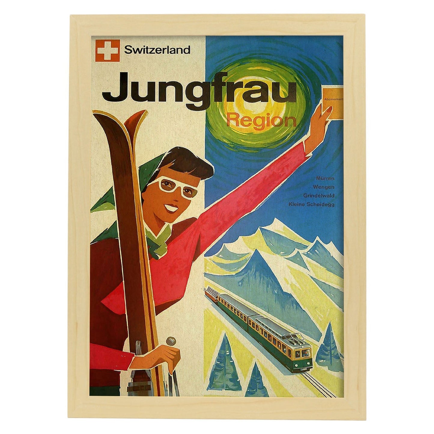 Poster vintage. Cartel vintage de montañas europeas. Suiza, Jungfrau.-Artwork-Nacnic-A3-Marco Madera clara-Nacnic Estudio SL