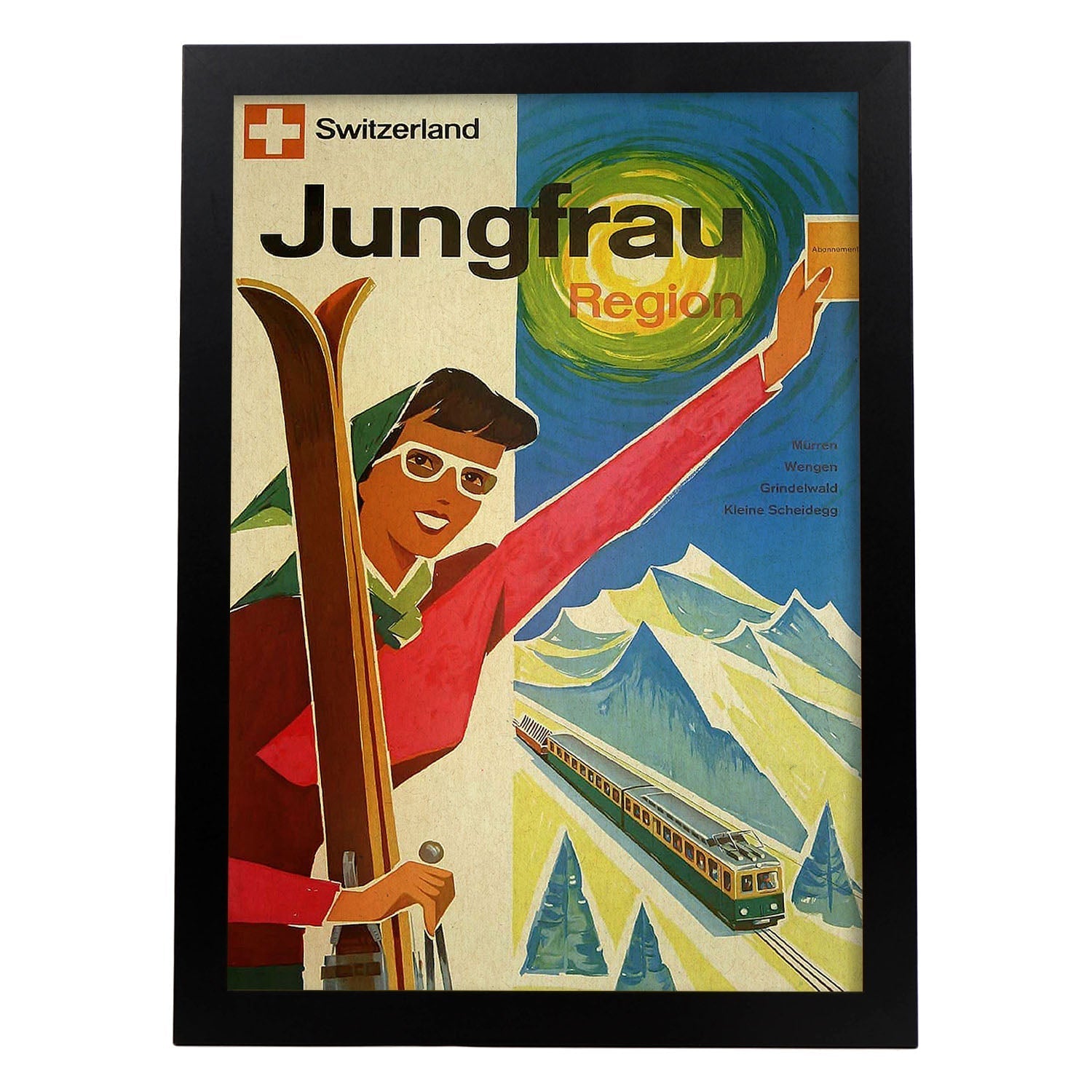 Poster vintage. Cartel vintage de montañas europeas. Suiza, Jungfrau.-Artwork-Nacnic-A3-Marco Negro-Nacnic Estudio SL