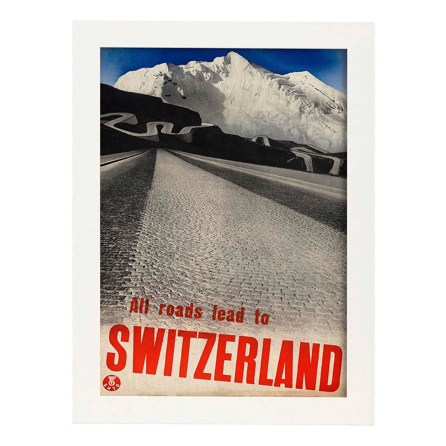Poster vintage. Cartel vintage de montañas europeas. Todos los caminos llevan a Suiza.-Artwork-Nacnic-A3-Marco Blanco-Nacnic Estudio SL