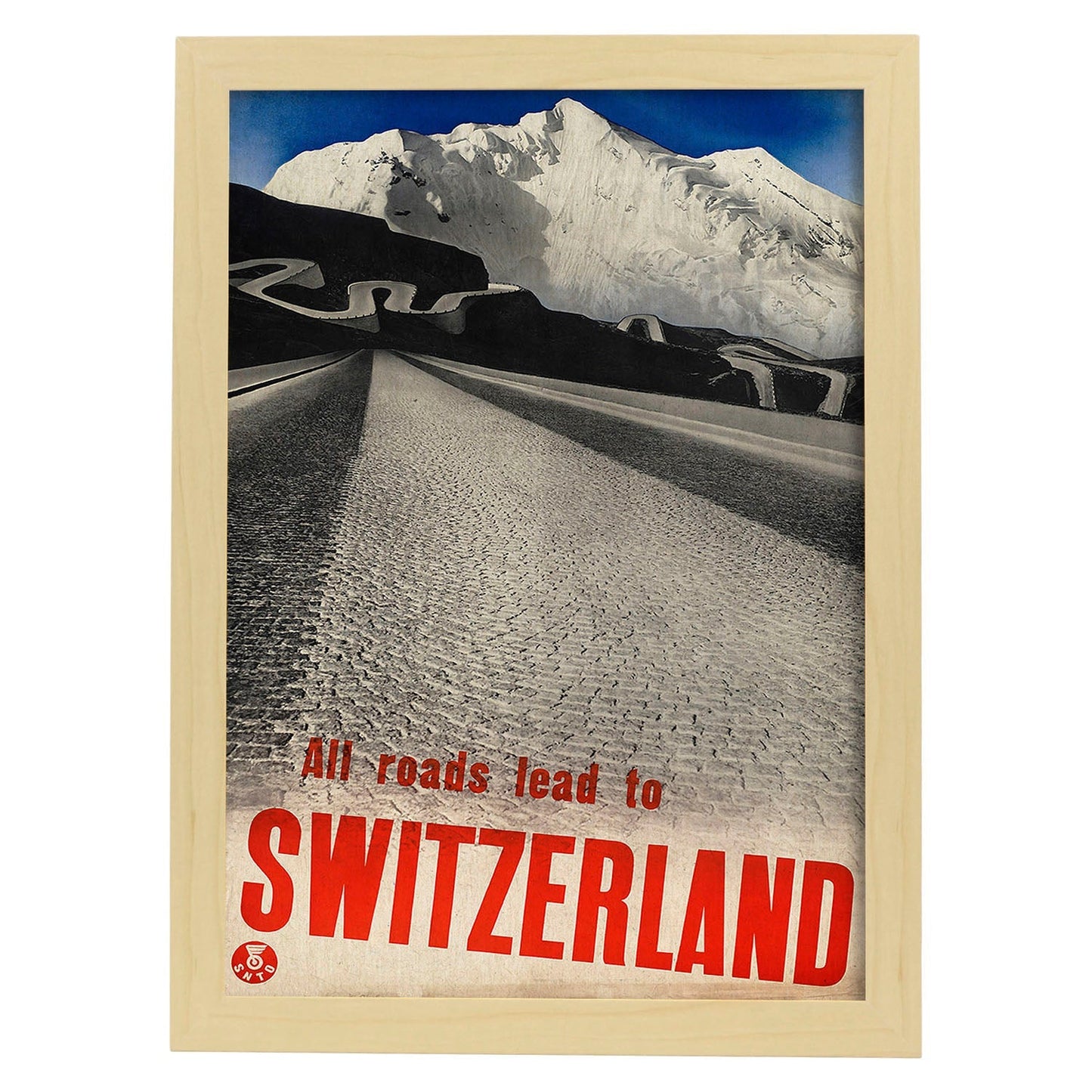 Poster vintage. Cartel vintage de montañas europeas. Todos los caminos llevan a Suiza.-Artwork-Nacnic-A3-Marco Madera clara-Nacnic Estudio SL