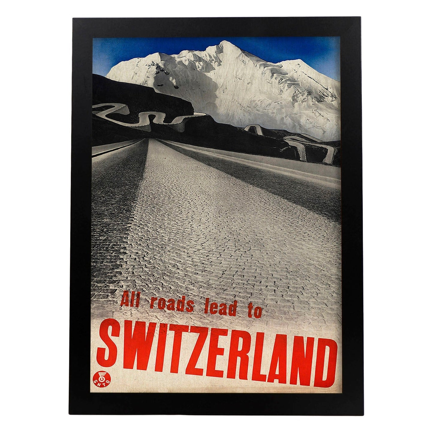 Poster vintage. Cartel vintage de montañas europeas. Todos los caminos llevan a Suiza.-Artwork-Nacnic-A3-Marco Negro-Nacnic Estudio SL