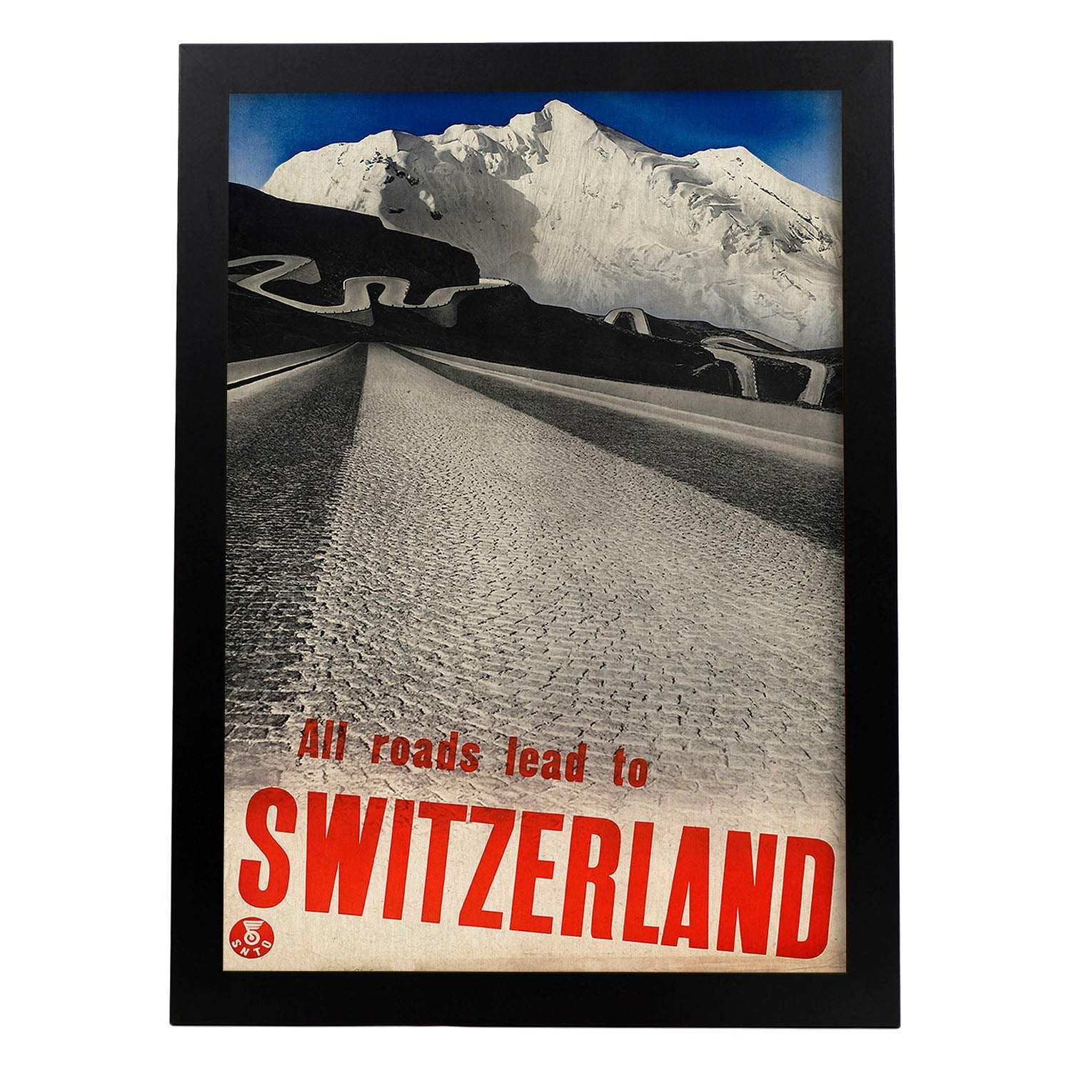 Poster vintage. Cartel vintage de montañas europeas. Todos los caminos llevan a Suiza.-Artwork-Nacnic-A4-Marco Negro-Nacnic Estudio SL