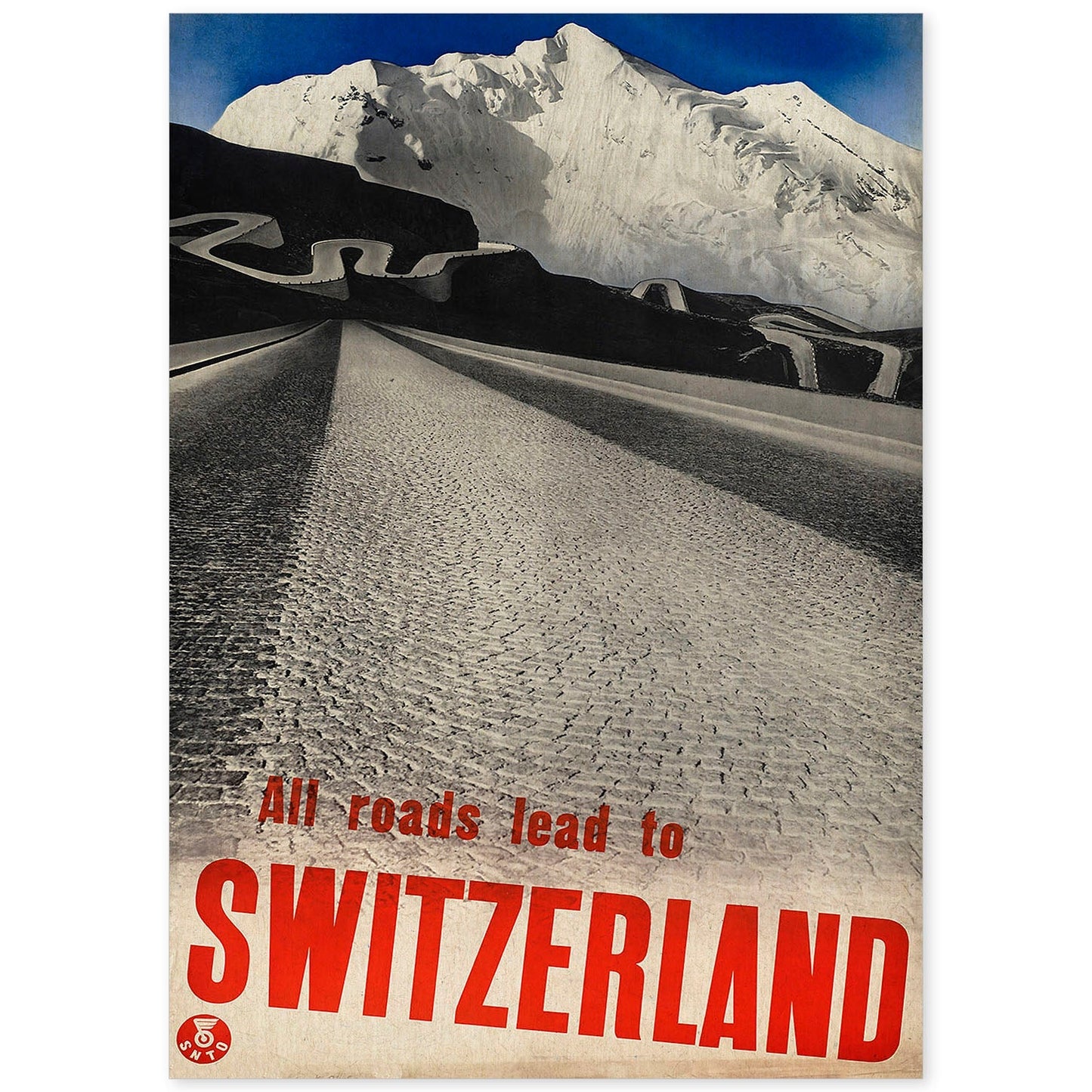 Poster vintage. Cartel vintage de montañas europeas. Todos los caminos llevan a Suiza.-Artwork-Nacnic-A4-Sin marco-Nacnic Estudio SL