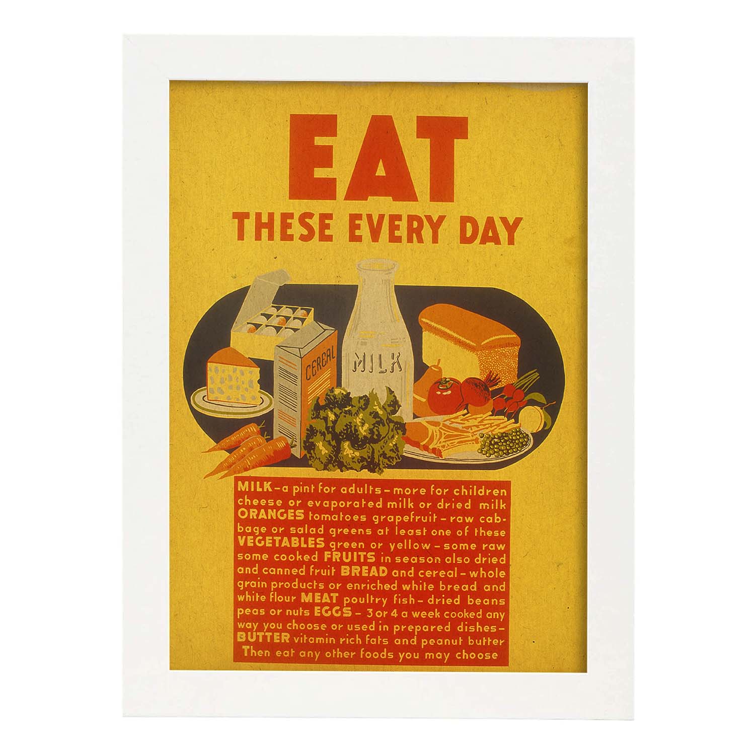Poster vintage. Cartel vintage de nutricion. "Alimentos diarios".-Artwork-Nacnic-A3-Marco Blanco-Nacnic Estudio SL