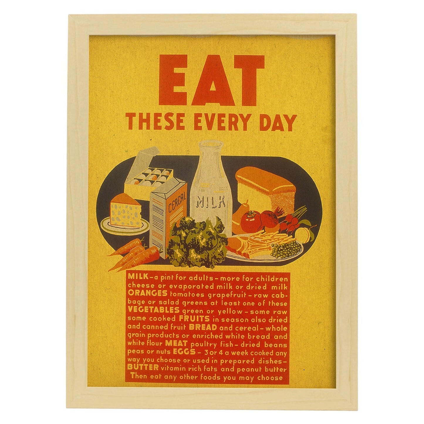Poster vintage. Cartel vintage de nutricion. "Alimentos diarios".-Artwork-Nacnic-A3-Marco Madera clara-Nacnic Estudio SL