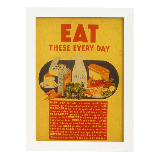 Poster vintage. Cartel vintage de nutricion. "Alimentos diarios".-Artwork-Nacnic-A4-Marco Blanco-Nacnic Estudio SL