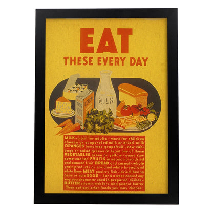 Poster vintage. Cartel vintage de nutricion. "Alimentos diarios".-Artwork-Nacnic-A4-Marco Negro-Nacnic Estudio SL