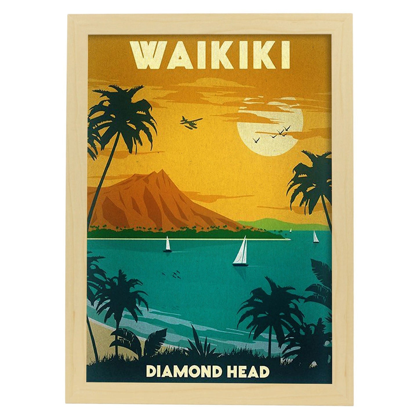 Poster vintage. Cartel vintage de Waikiki.-Artwork-Nacnic-A3-Marco Madera clara-Nacnic Estudio SL
