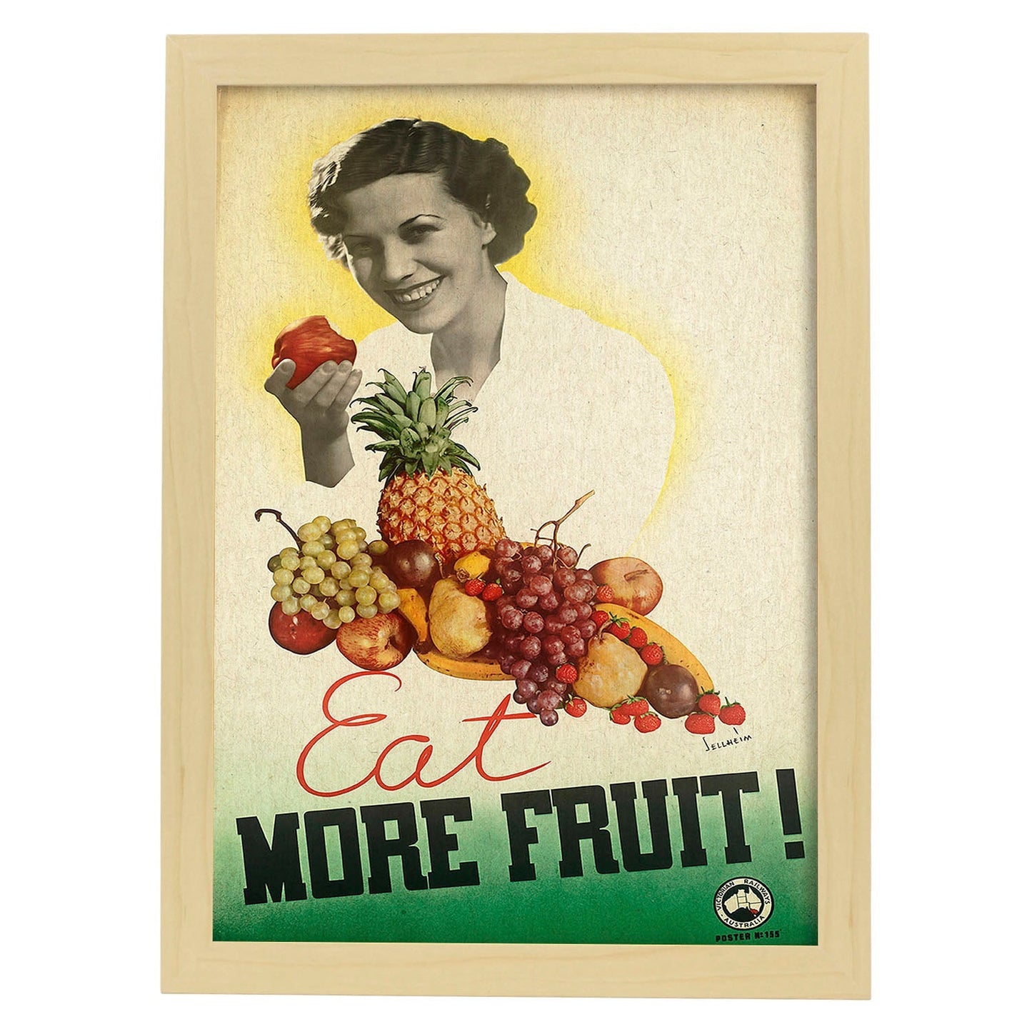 Poster vintage. Cartel vintage educacional sobre el habito "Come más frutas".-Artwork-Nacnic-A3-Marco Madera clara-Nacnic Estudio SL
