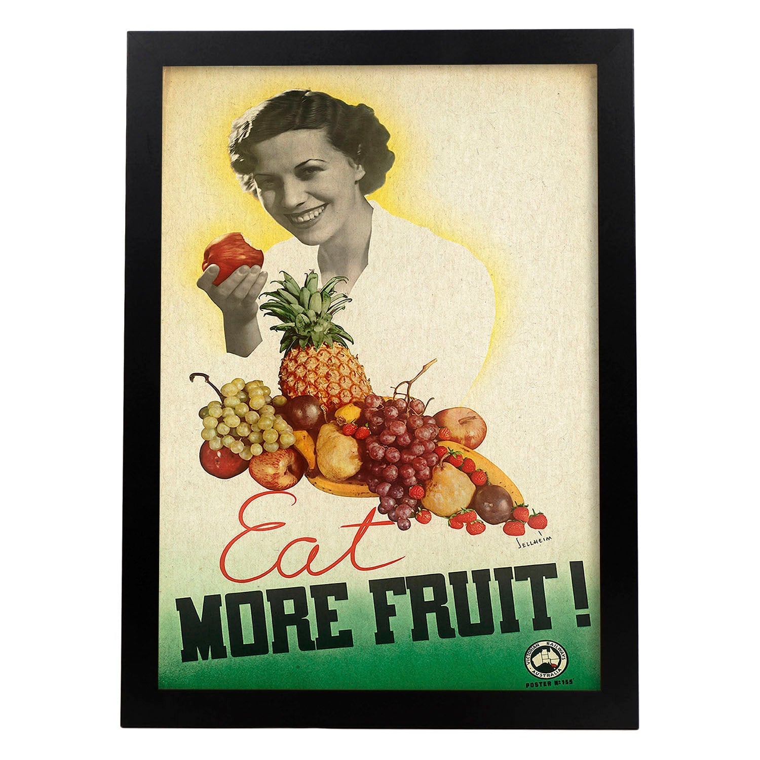 Poster vintage. Cartel vintage educacional sobre el habito "Come más frutas".-Artwork-Nacnic-A3-Marco Negro-Nacnic Estudio SL
