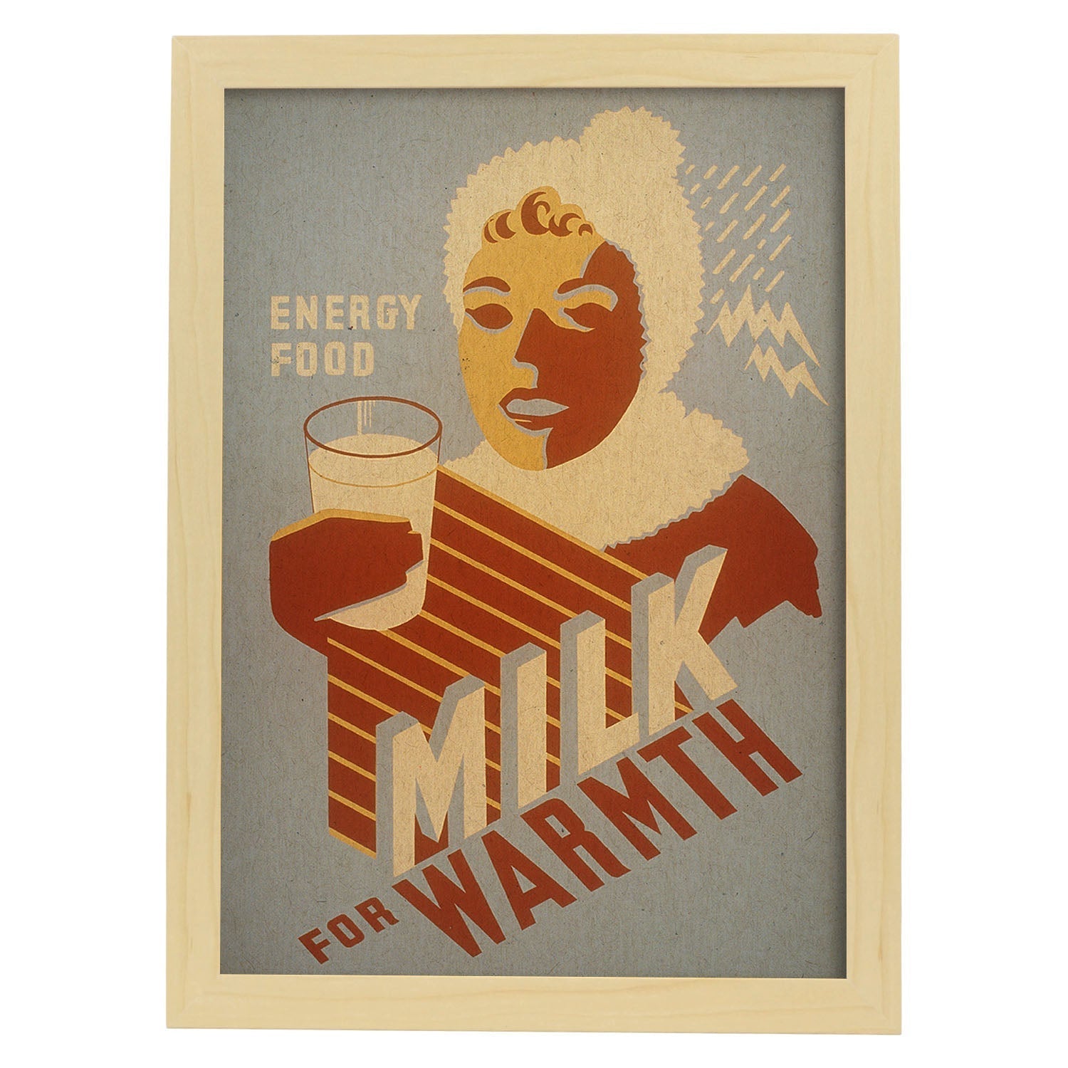 Poster vintage. Cartel vintage educacional sobre el habito "Milk for warmth".-Artwork-Nacnic-A3-Marco Madera clara-Nacnic Estudio SL