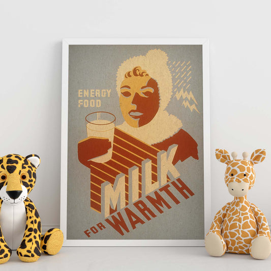 Poster vintage. Cartel vintage educacional sobre el habito "Milk for warmth".-Artwork-Nacnic-Nacnic Estudio SL
