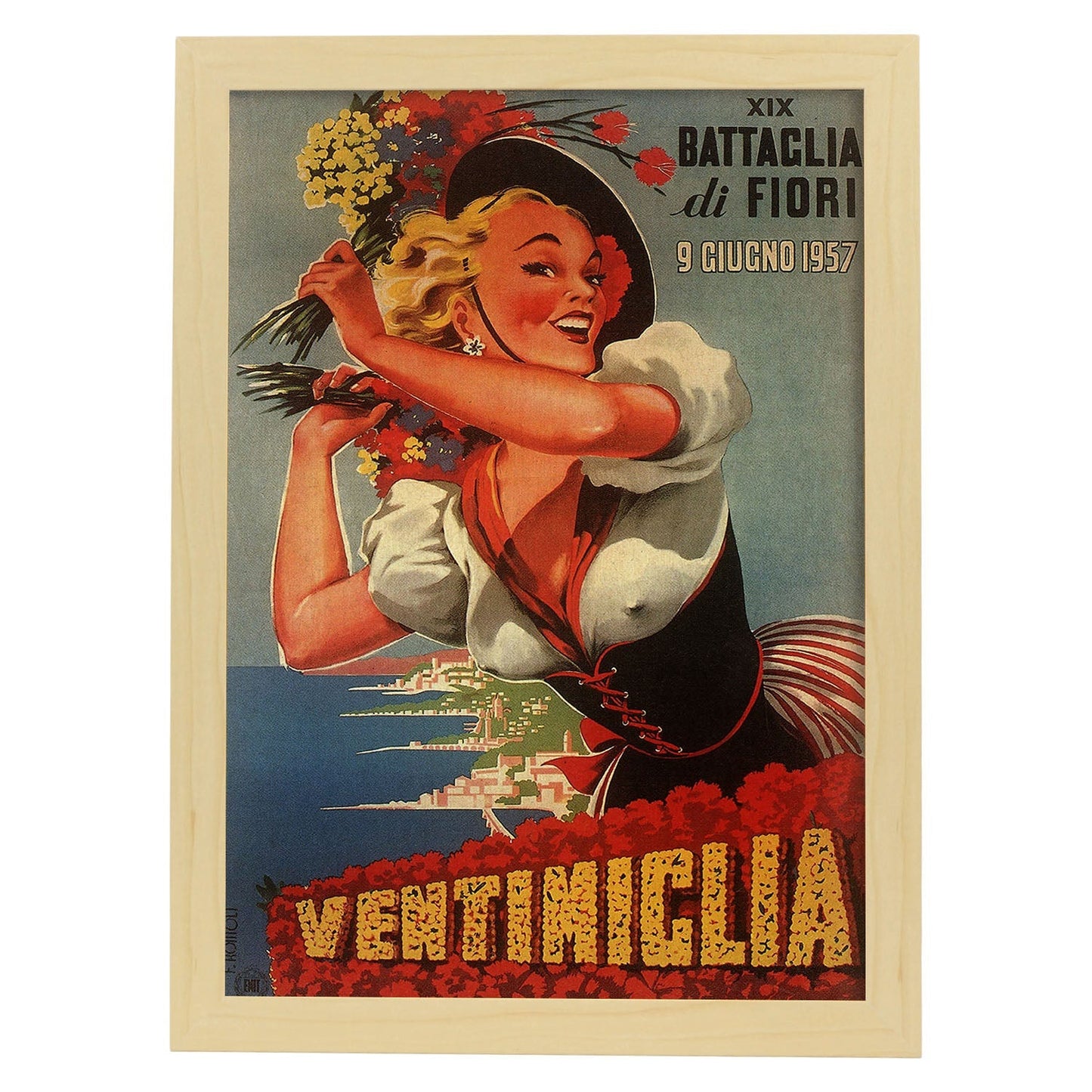 Poster vintage. Cartel Vintage la batalle de las flores de 1957.-Artwork-Nacnic-A3-Marco Madera clara-Nacnic Estudio SL