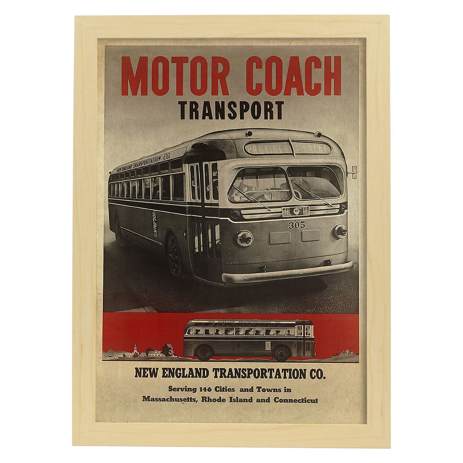 Poster vintage. Cartel vintage Motor Coach Transport de 1940.-Artwork-Nacnic-A4-Marco Madera clara-Nacnic Estudio SL