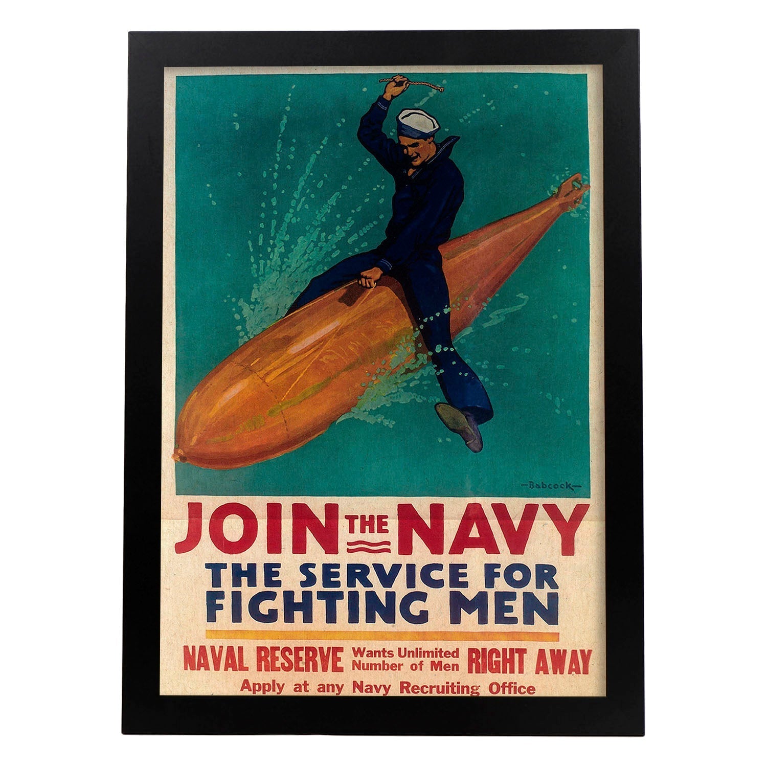 Poster vintage. Cartel vintage para el alistamiento en la marina..-Artwork-Nacnic-A4-Marco Negro-Nacnic Estudio SL