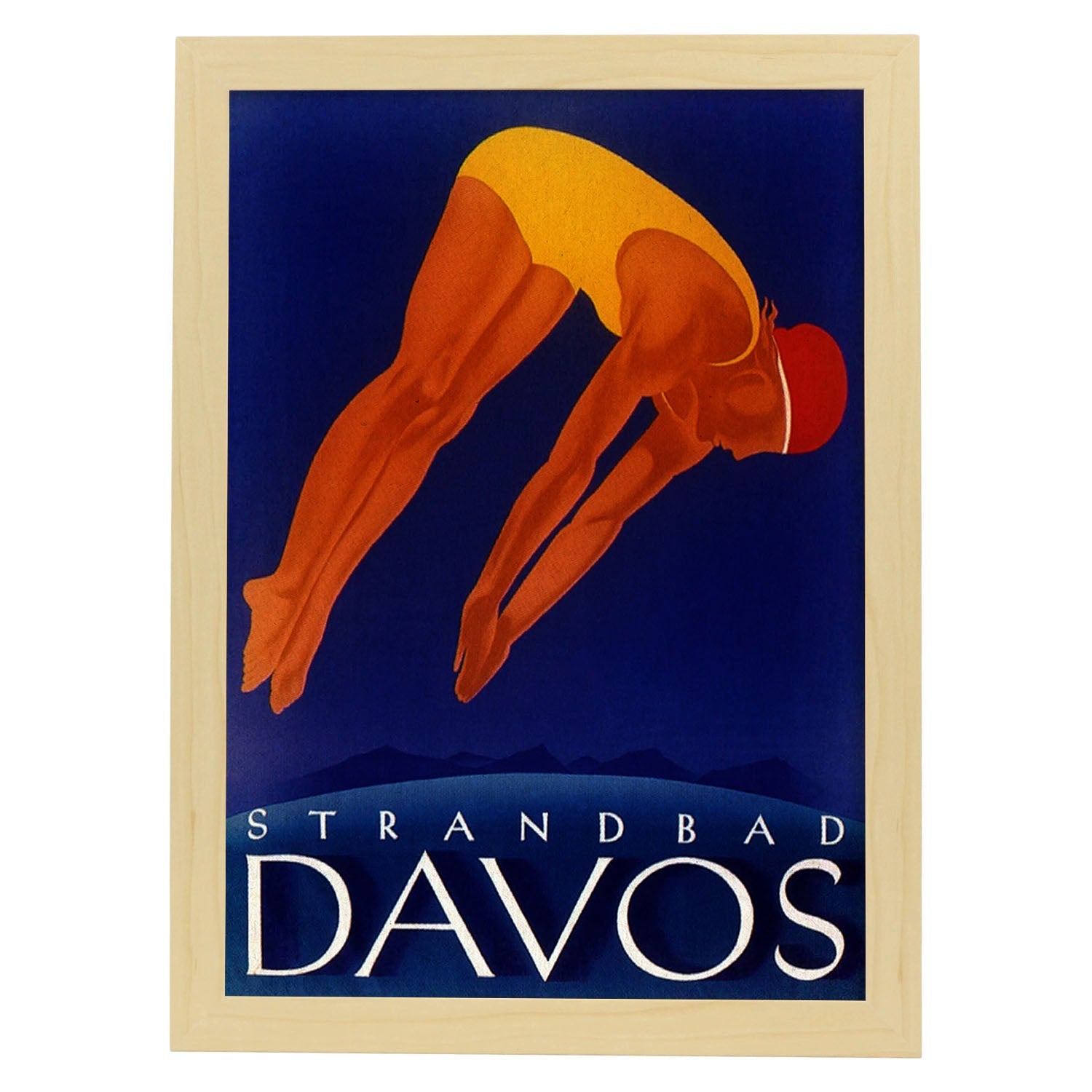Poster vintage. Cartel vintage para la piscina publica de Strandbad Davos Lido.-Artwork-Nacnic-A3-Marco Madera clara-Nacnic Estudio SL
