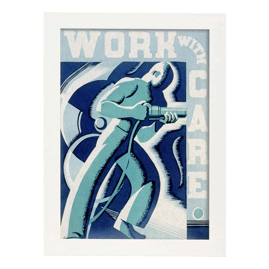 Poster vintage. Cartel vintage " trabaja con cuidado" Riesgos laborales.-Artwork-Nacnic-A4-Marco Blanco-Nacnic Estudio SL