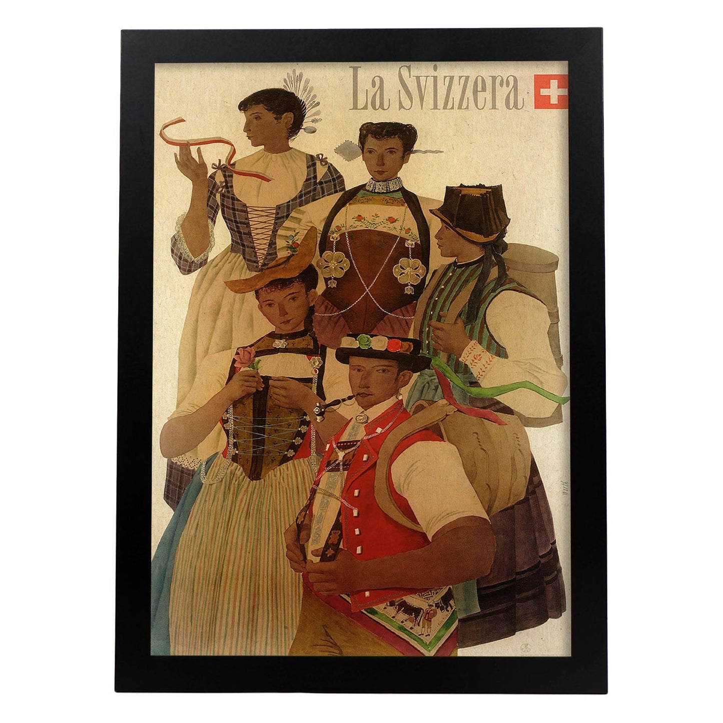 Poster vintage. Cartel vintage trajes populares y regionales Suizos. Kurt Wirth 1951..-Artwork-Nacnic-A3-Marco Negro-Nacnic Estudio SL