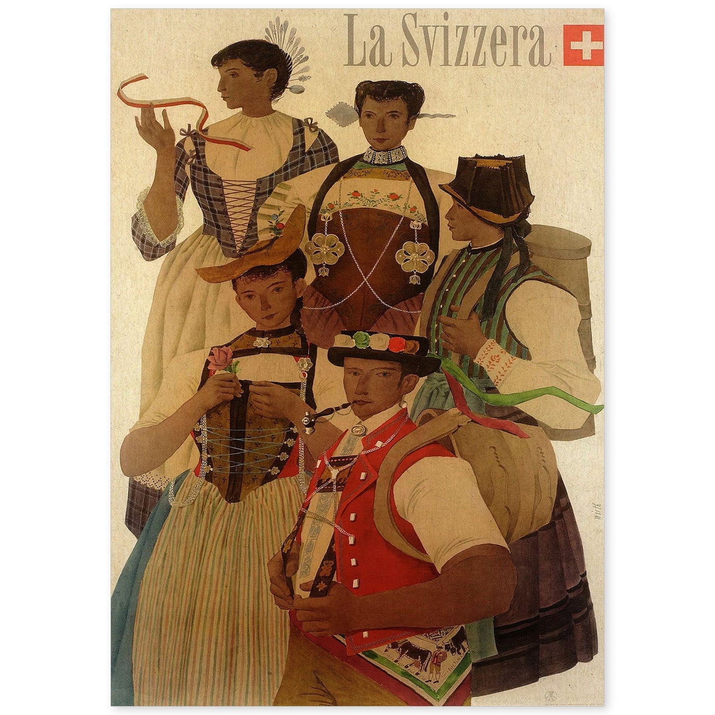 Poster vintage. Cartel vintage trajes populares y regionales Suizos. Kurt Wirth 1951..-Artwork-Nacnic-A4-Sin marco-Nacnic Estudio SL