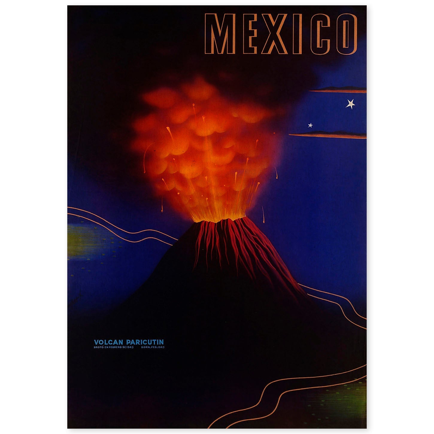 Poster vintage. Cartel vintage Volcan de Mexico.-Artwork-Nacnic-A4-Sin marco-Nacnic Estudio SL