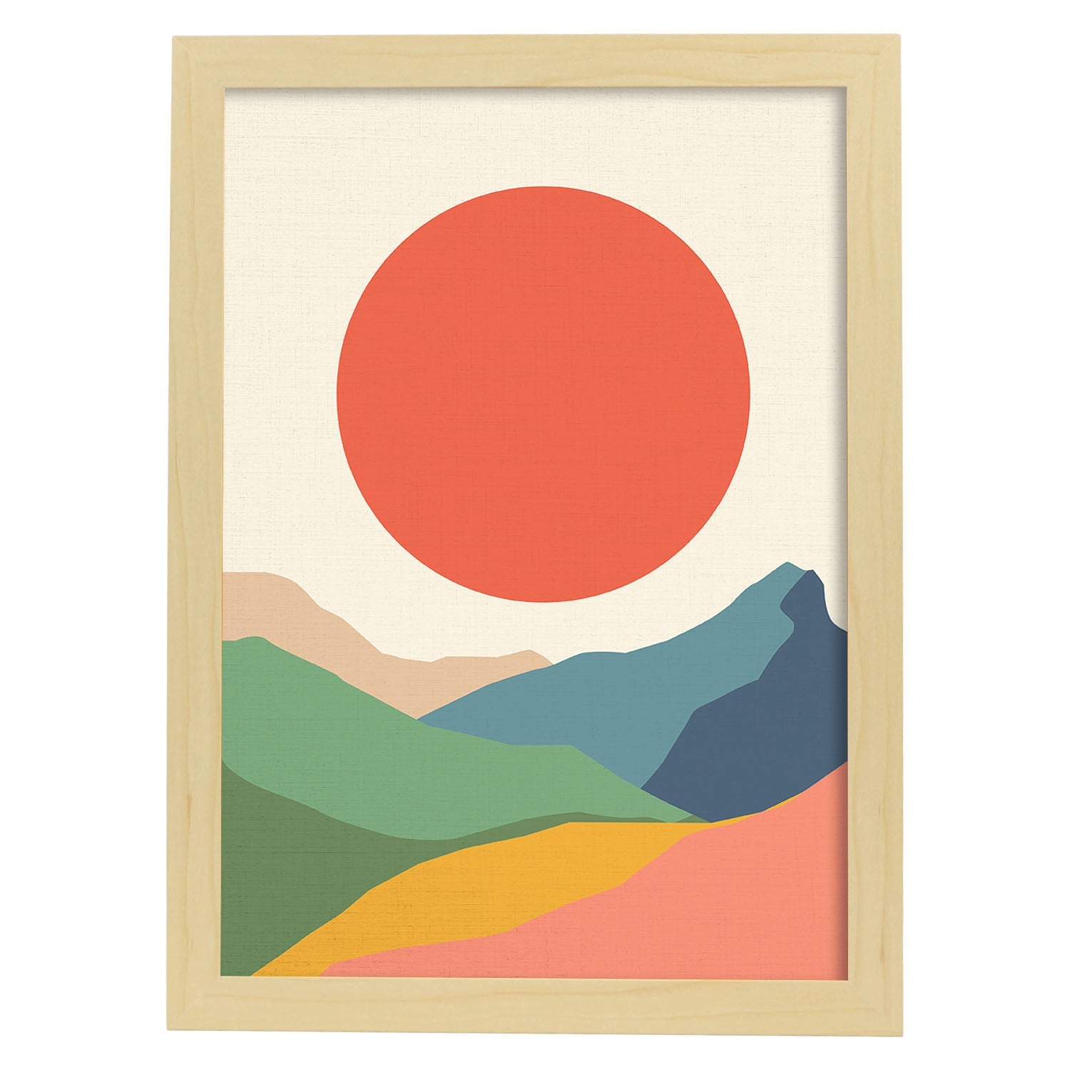 Posters con dibujos de montañas a color. Lámina de decoración 'Gran Sol' colorida-Artwork-Nacnic-A3-Marco Madera clara-Nacnic Estudio SL