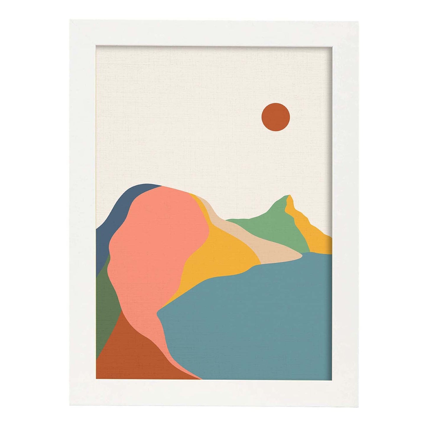 Posters con dibujos de montañas a color. Lámina de decoración 'Lago Y Sol' colorida-Artwork-Nacnic-A3-Marco Blanco-Nacnic Estudio SL
