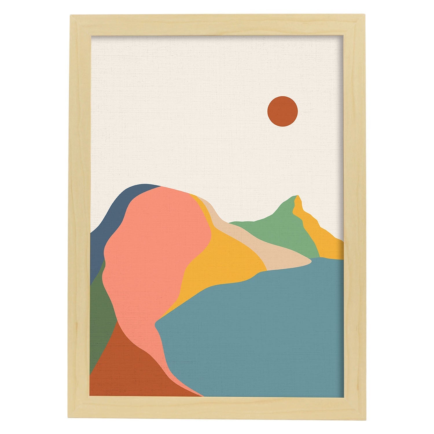 Posters con dibujos de montañas a color. Lámina de decoración 'Lago Y Sol' colorida-Artwork-Nacnic-A3-Marco Madera clara-Nacnic Estudio SL