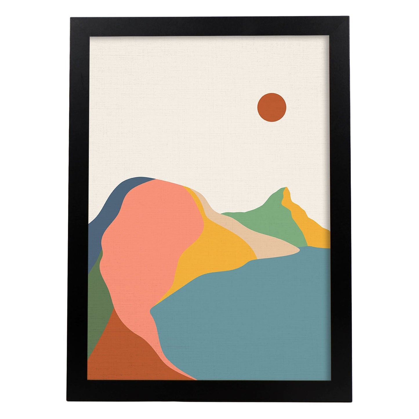 Posters con dibujos de montañas a color. Lámina de decoración 'Lago Y Sol' colorida-Artwork-Nacnic-A3-Marco Negro-Nacnic Estudio SL