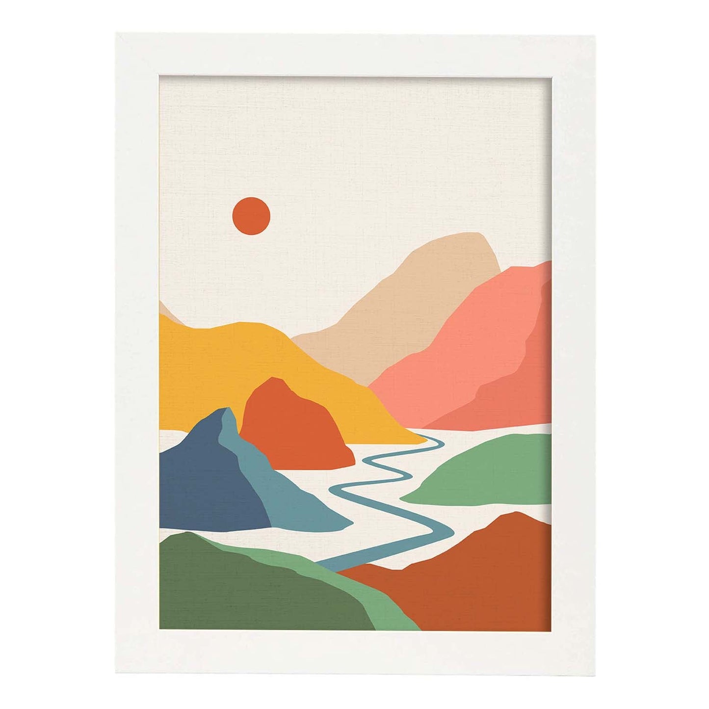 Posters con dibujos de montañas a color. Lámina de decoración 'Rio Y Sol' colorida-Artwork-Nacnic-A3-Marco Blanco-Nacnic Estudio SL