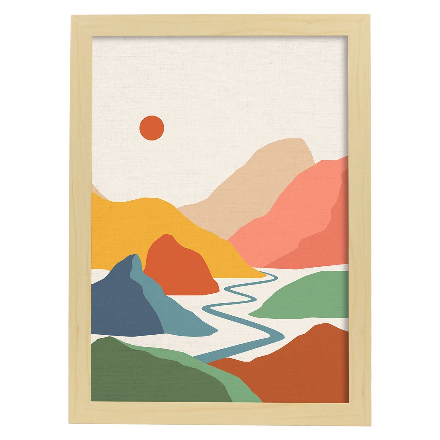 Posters con dibujos de montañas a color. Lámina de decoración 'Rio Y Sol' colorida-Artwork-Nacnic-A3-Marco Madera clara-Nacnic Estudio SL
