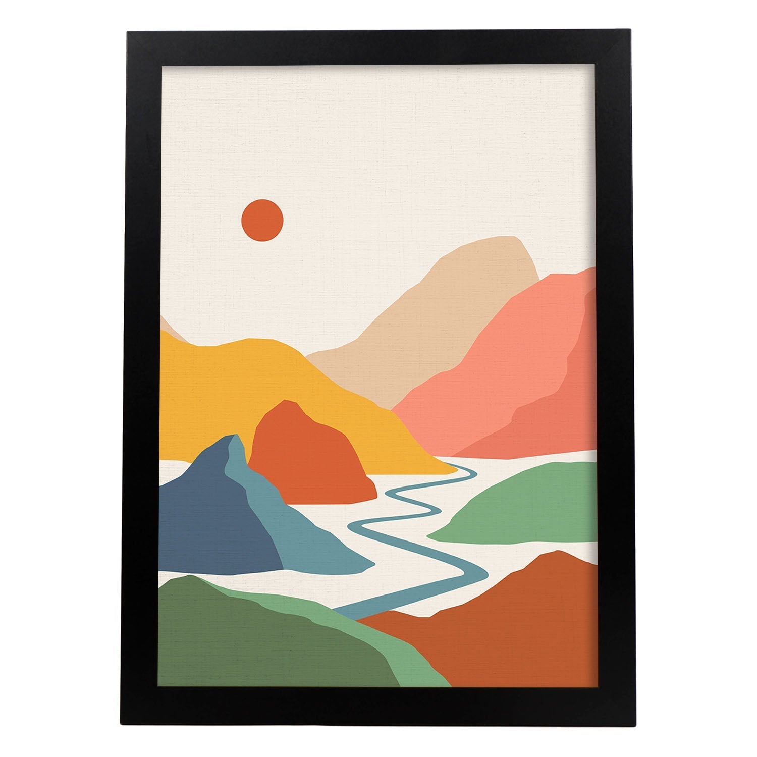 Posters con dibujos de montañas a color. Lámina de decoración 'Rio Y Sol' colorida-Artwork-Nacnic-A3-Marco Negro-Nacnic Estudio SL