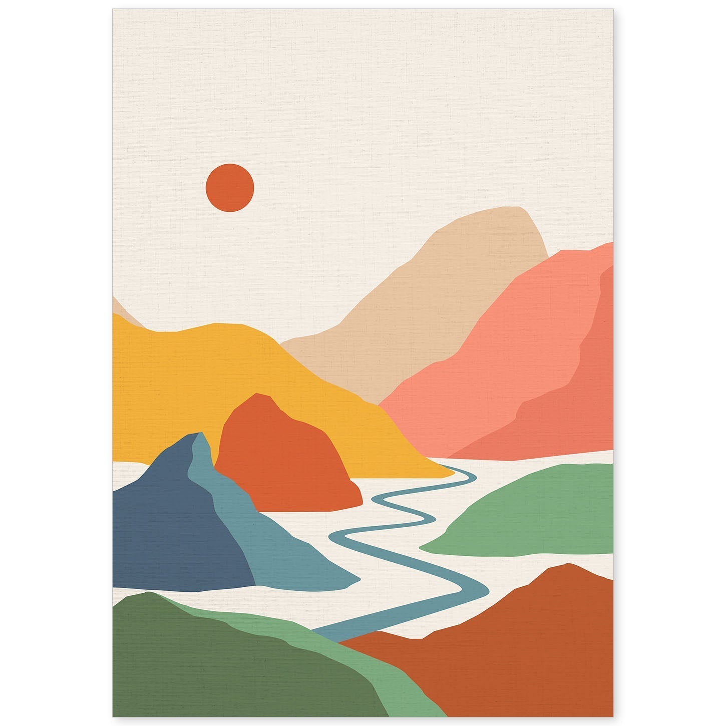 Posters con dibujos de montañas a color. Lámina de decoración 'Rio Y Sol' colorida-Artwork-Nacnic-A4-Sin marco-Nacnic Estudio SL