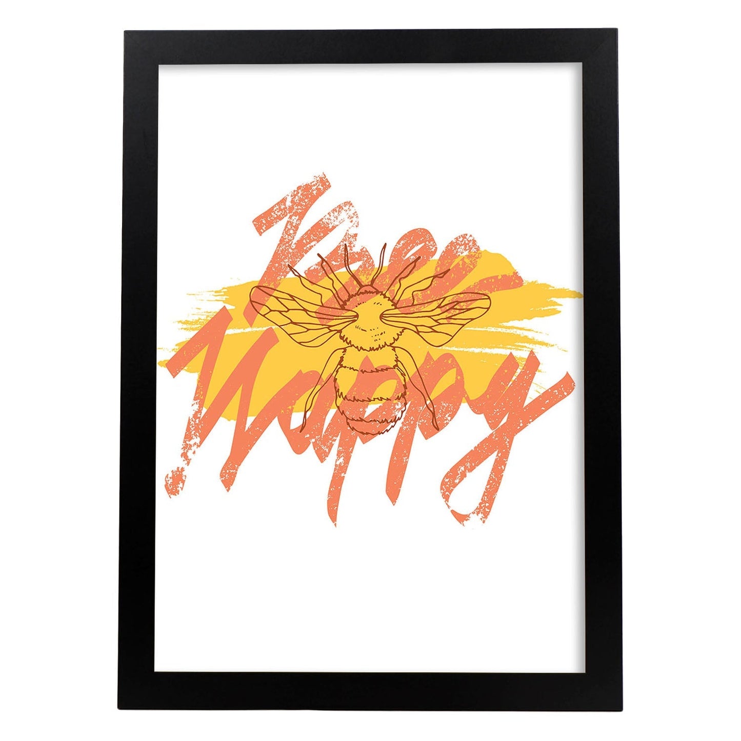 Posters con mensajes felices ilustrados. Lámina de decoración 'Bee Happy' con frases motivadoras y llenas de energia.-Artwork-Nacnic-A3-Marco Negro-Nacnic Estudio SL